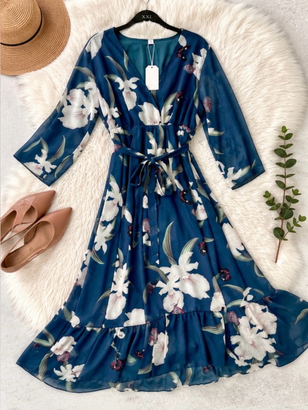 NWT Yumi Dip Hem Sleeve Floral Maxi Dress | Blue High-Low Wrap Dress | Size L